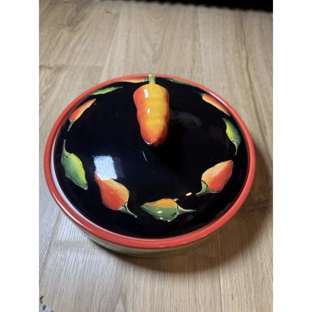 Clay Art Fiesta Yellow Green Red Peppers Black Lidded Covered Tortilla Warmer - Picture 2 of 10